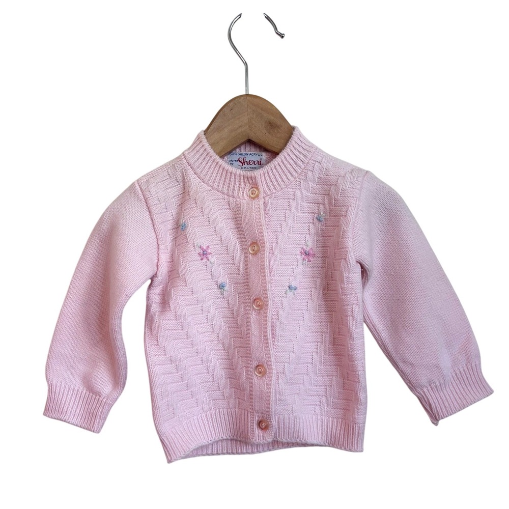 Sherri Girls Vintage Floral Embroidered Cardigan Sweater 2T Pink Knit Retro